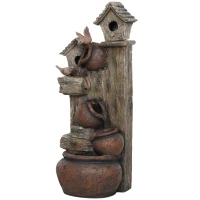 Outsunny 2-in-1 Waterfall Fountain with Birdhouse, Resin Garden Water Fountain with LED Lights Pump, Cascading Garden Water Feature with Tree Trunk Design, Multi-colour(m-11)