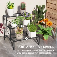 Outsunny Scaffale Porta Piante a 3 Livelli a Scaletta per Interno ed Esterno in Metallo, 60x60x60 cm, Nero(m-4)