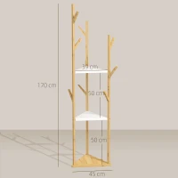 HOMCOM Cuier de Podea din Bambus în Formă de Copac cu 8 Cârlige și 3 Rafturi, 45x45x170 cm, Alb(m-3)