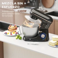 HOMCOM Amasadora 1300W 4,5L 6 Velocidades Bol de Acero Inoxidable Batidor Ganchos Varillas Protector contra Salpicaduras Negro(m-4)