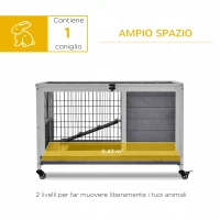PawHut Conigliera in Legno con 4 Ruote, Casetta per Conigli e Rampa, 90x53x59cm, Grigio(m-4)