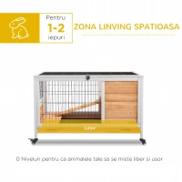 PawHut Cușcă pentru Iepuri și Porcușori de Guineea din Lemn cu 4 Roți și Rampă, 90x53x59 cm, Galben(m-4)