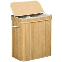 HOMCOM Coș Pliabil pentru Rufe cu 2 Compartimente, Capac Detașabil și Mânere, 54,2x35,2x59,5 cm, Natural(m-10)
