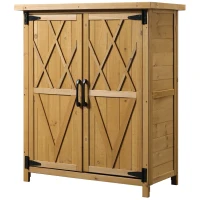 Outsunny Căsuță de Grădină pentru Unelte cu 2 Uși, 4 Rafturi și Bază Ridicată, 75x40x90 cm, Natural(m-10)