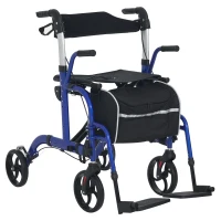 HOMCOM 2 in 1 Wheelchair Transport Chair & Folding Rollator Walker with Seat, Backrest, Footrest, Lightweight Walking Frame with Bag, Adjustable Height, 4 Wheeled Walker for Seniors, Pearl Blue(m-1)
