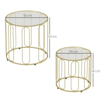 HOMCOM Conjunto de 2 Mesas Auxiliares Tipo Nido con Estructura de Metal y Encimera de Cristal Ø50x50 cm y Ø40x40 cm Dorado(m-3)