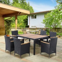 Outsunny Set Tavolo e Sedie da Giardino 7 Pezzi in PE Rattan e Legno con Cuscini Morbidi, Nero(m-2)