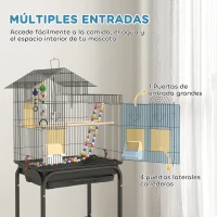 PawHut Pajarera con Ruedas Múltiples Puertas 2 Comederos 2 Perchas Columpio Escaleras y Bandeja Extraíble 46x36x120 cm Negro(m-7)
