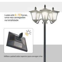 Outsunny Candeeiro Solar de Jardim com 3 Luzes LED Impermeável IP44 Sensor de Noite Candeeiro de Exterior 51,5x47x182,5cm Preto(m-6)
