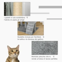 PawHut Albero Tiragraffi per Gatti con Trespolo, Casetta, Rampa e Pallina, in Legno e Peluche, 60x40x100 cm, Grigio Chiaro(m-5)