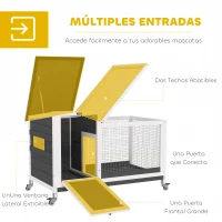 PawHut Jaula para Conejos con Techo Asfáltico Abatible Bandeja Extraíble y Ruedas 91x51x66 cm Blanco y Gris Oscuro(m-5)