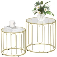 HOMCOM Conjunto de 2 Mesas Auxiliares Tipo Nido con Estructura de Metal y Encimera de Cristal Ø50x50 cm y Ø40x40 cm Dorado(m-1)