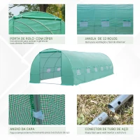 Outsunny Estufa tipo Túnel 8x3x2m Aço e PE 140 g/m² Estufa para Cultivo de Plantas Tomates Verduras com 12 Janelas e Porta Enroláveis Verde(m-5)