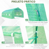 Outsunny Estufa Tipo Túnel de Jardim 600x300x200cm para Cultivo de Plantas Verduras com 8 Janelas e Porta Enroláveis com Zíper Aço Verde(m-6)