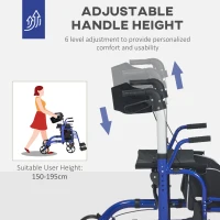 HOMCOM 2 in 1 Wheelchair Transport Chair & Folding Rollator Walker with Seat, Backrest, Footrest, Lightweight Walking Frame with Bag, Adjustable Height, 4 Wheeled Walker for Seniors, Pearl Blue(m-5)