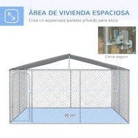 PawHut Perrera de Exterior con Toldo Anti-UV Impermeable Puerta con Pestillo y Marco de Metal Galvanizado 4x4x2,3 m Plata(m-4)