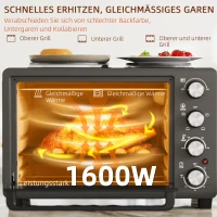 HOMCOM 28 L Mini Piekarnik, Kompaktowy Piekarnik do Gotowania i Grillowania, Elektryczny Piec z Blachą, Rusztem, 2600W - Czarny(m-7)