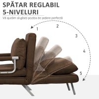 HOMCOM Fotoliu Pat Individual 3 în 1 cu Spătar Reglabil pe 5 Nivele și Pernă, 65x69x80 cm, Maro(m-4)