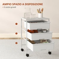HOMCOM Carrello Multiuso con 3 Cestini Estraibili e Ruote per Cucina e Ufficio in Acciaio e PP, Bianco(m-4)