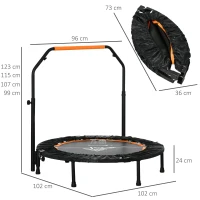 HOMCOM Trampolina Fitnessowa, Składana, Uchwyt Regulowany, Ø102 x 123H cm, do 100 kg, Czarna(m-3)