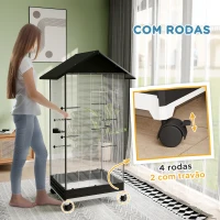 PawHut Gaiola para Pássaros Metálica com com Rodas Bandeja Amovível 4 Portas 2 Comedouros e 8 Poleiros 79x65x155 cm Preto(m-7)
