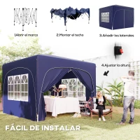 Outsunny Cenador Plegable 3x3 m Gazabo con Paneles Laterales UPF50+ Altura Ajustable y Bolsa de Transporte Azul Oscuro(m-4)