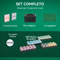 SPORTNOW Set Poker con 600 Fiches per 12 Giocatori con Valigetta, 2 Mazzi di Carte e Tappetino, Nero(m-4)