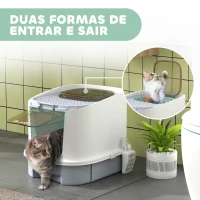 PawHut Caixa de Areia para Gatos Fechada com Entrada Frontal Saída Superior Tampa Amovível Bandeja e Pá 40,5x52,5x42,5 cm Branco e Cinza(m-7)