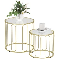 HOMCOM Conjunto de 2 Mesas Auxiliares Tipo Nido con Estructura de Metal y Encimera de Cristal Ø50x50 cm y Ø40x40 cm Dorado(m-10)