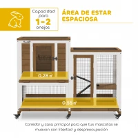 PawHut Conejera de Madera de 2 Niveles Jaula para Conejos con Ruedas Escaleras y Bandejas Extraíbles 110x50x86 cm Marrón(m-4)