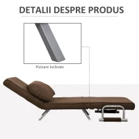 HOMCOM Fotoliu Pat Individual 3 în 1 cu Spătar Reglabil pe 5 Nivele și Pernă, 65x69x80 cm, Maro(m-7)