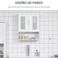 kleankin Armario de Pared para Baño Multiusos con Estante Ajustable Puertas de Listones y Compartimento 60x20x70 cm Blanco(m-4)