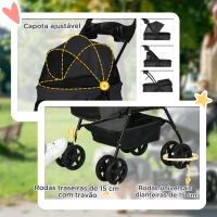 PawHut Carrinho para Cães Dobrável com Rodas Universáis Cesta de Armazenamento Correias de Segurança e Janelas 67x45x96 cm Preto(m-6)