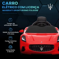 AIYAPLAY Carro Elétrico para Crianças Maserati Gran Turismo Folgore 12V Controlo Remoto Faróis Buzina e Música MP3 98x59x43 cm Vermelho(m-4)