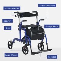 HOMCOM 2 in 1 Wheelchair Transport Chair & Folding Rollator Walker with Seat, Backrest, Footrest, Lightweight Walking Frame with Bag, Adjustable Height, 4 Wheeled Walker for Seniors, Pearl Blue(m-8)