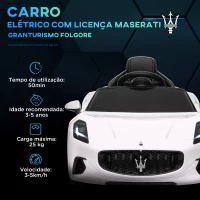AIYAPLAY Carro Elétrico para Crianças Maserati Gran Turismo Folgore 12V Controlo Remoto Faróis Buzina e Música MP3 98x59x43 cm Branco(m-4)