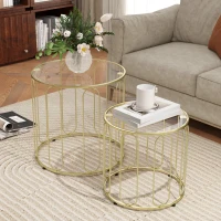 HOMCOM Conjunto de 2 Mesas Auxiliares Tipo Nido con Estructura de Metal y Encimera de Cristal Ø50x50 cm y Ø40x40 cm Dorado(m-7)