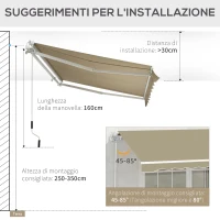 Outsunny Tenda da Sole 2.5x2 m con Braccio Avvolgibile, Tenda Parasole da Esterno a Manovella in Alluminio e Tessuto Poliestere, 280 g/㎡, UV50+, Cachi(m-8)