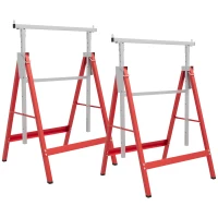 HOMCOM Set de 2 Caballetes Metálicos Plegables con Altura Ajustable Caballetes de Sierra de Acero 68x58x80-130 cm Rojo(m-10)