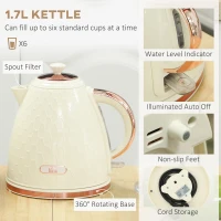 HOMCOM 1.7L 3000W Fast Boil Kettle & 2 Slice Toaster Set, Kettle and Toaster Set with Auto Shut Off, Browning Controls, Beige(m-4)