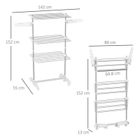 HOMCOM 3-Tier Clothes Airer, Stainless Steel Foldable Clothes Drying Rack with Wheels and Wings, Indoor and Outdoor, Easy Assembly, 142 x 55 x 152cm, White(m-3)