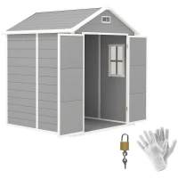 Outsunny 6 x 5ft Garden Shed, Plastic Shed with Floor, Window, Lockable Doors and Vents, Wood Effect Resin Tool Shed for Outdoor Patio, Dark Grey(m-1)