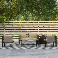 Outsunny 4 Piece Metal Garden Furniture Set with Tempered Glass Coffee Table, Texteline Pocket, Outdoor Set Loveseat Single Armchairs with Padded Cushions, Khaki(m-9)