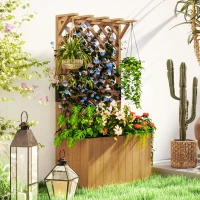 Outsunny Wooden Planter with Trellis, Freestanding Raised Garden Bed with Drainage Holes, Outdoor Planter Box with Liner for Vegetables, Herbs and Flowers, Natural(m-2)