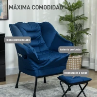 HOMCOM Sillón de Salón con Otomana Sillón de Relax con Bolsillos Laterales y Patas de Acero para Sala de Estar Dormitorio Azul(m-4)
