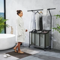 HOMCOM 3x 42L Laundry Basket Unit, with Hanging Rail - Black/Grey(m-8)