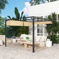 Outsunny 3 x 3m Aluminium Pergola, with Retractable Roof and Wall - Khaki(m-9)