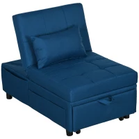 HOMCOM Convertible Chair Bed with Padding Seat, 4-in-1 Multi-Functional Sleeper Sofa Bed, Recliner with Adjustable Backrest, Side Pocket, Wheels and Pillow, for Living Room, Blue(m-11)