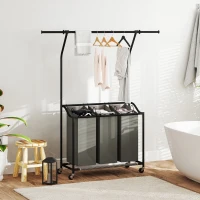 HOMCOM 3x 42L Laundry Basket Unit, with Hanging Rail - Black/Grey(m-10)
