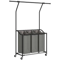 HOMCOM 3x 42L Laundry Basket Unit, with Hanging Rail - Black/Grey(m-1)